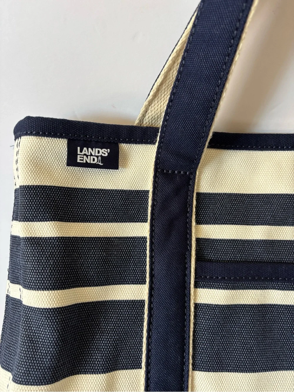 Lands End Boat Canvas Tote Navy Blue Stripes